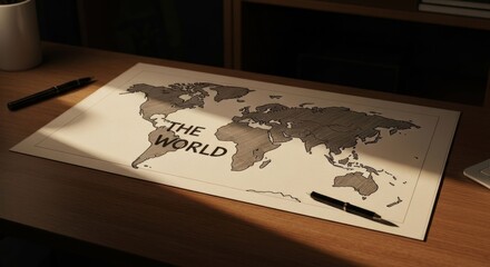 Hand-drawn world map on paper, resting on a wooden desk, illuminated by sunlight, accompanied by pens