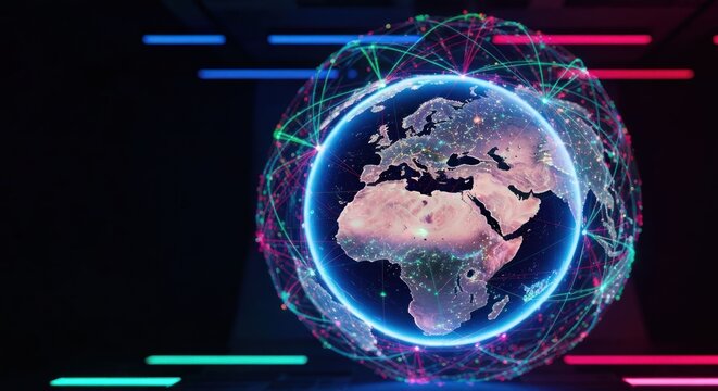 Global network visualized as a glowing Earth surrounded by interconnected nodes and vibrant neon lines against a dark background