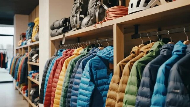 Colorful row of lightweight insulated puffer jackets hangs neatly displayed on racks inside an outdoor gear retail store featuring climbing helmets and backpacks above.
