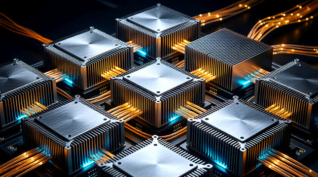 Advanced AI hardware grid featuring interconnected heatsinks and glowing fiber optics, symbolizing enterprise data processing, cloud computing, and network infrastructure.