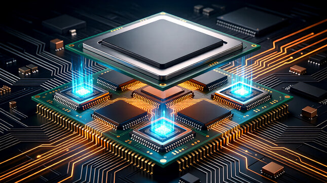 Advanced multi-core processor cross-section with glowing AI cores representing parallel computation and enterprise data processing.