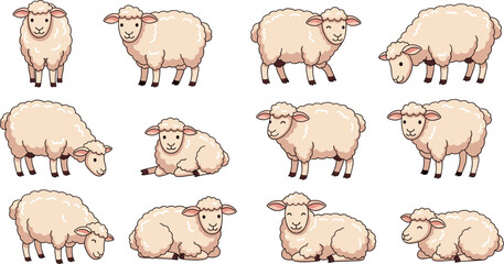 Obraz premium Cute Sheep Cartoon Character Vector Set with Standing Walking and Lying Farm Animal Poses