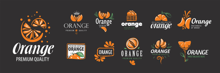 Dynamic orange and black citrus icon set. Custom designed citrus logos and badges perfect for artisanal juice branding and packaging