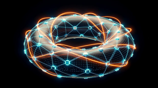 Advanced toroidal network topology visualization representing global enterprise data communication, AI processing, and complex systems.