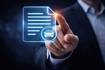 Businessman hand touching virtual screen with car document icon and glowing light