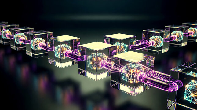 AI-generated 3D illustration of a blockchain network. Glowing data blocks represent secure enterprise transactions and distributed ledger technology innovation.