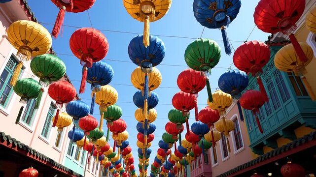 Colorful lanterns on street.