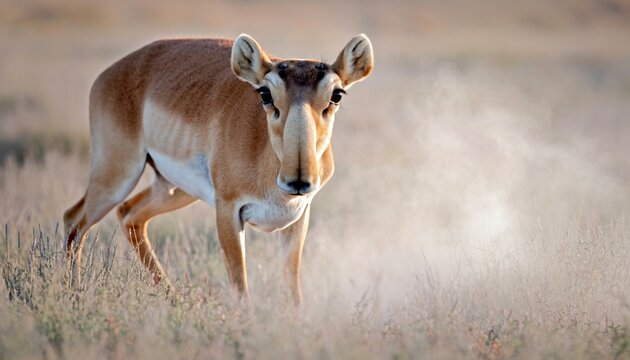 Alert Saiga Antelope Gaze in Golden Hour Steppe Landscape