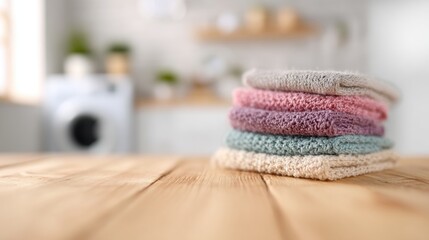 Colorful kitchen towels stacked on a wooden table in a bright room