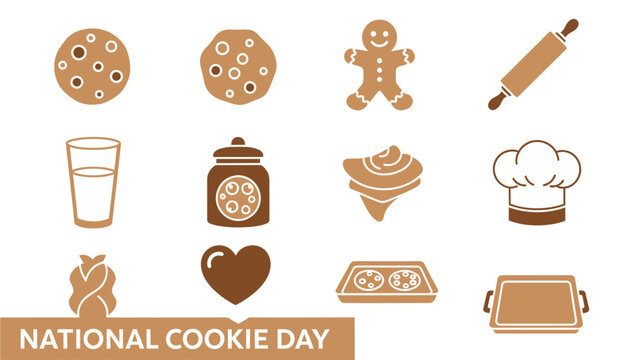 Brown cookiethemed icons including cookies milk jar and baking tools above text