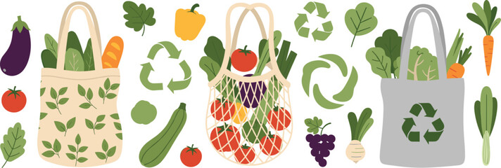 Eco Friendly Grocery Shopping Bags Vector Set with Vegetables Recycling and Sustainable Lifestyle