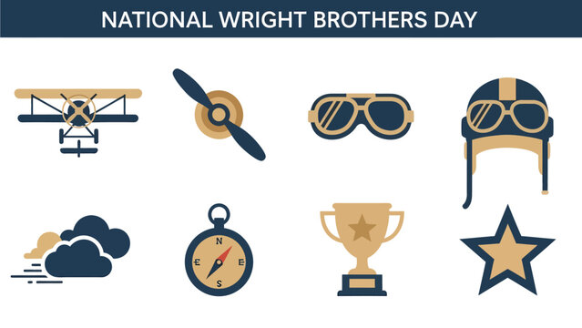 National Wright Brothers Day graphic with eight aviation icons in blue and tan