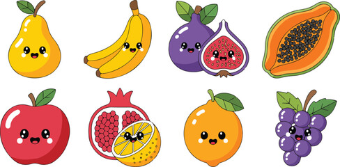 Cute Kawaii Fruit Characters with Funny Faces Minimal Line Vector Set