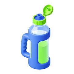 Blue sports water bottle with green cap and handle open, 3D render hydration container icon for fitness lifestyle