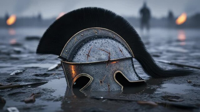 Ancient Spartan Helmet in Muddy Battlefield, Rain and Fire
