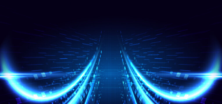 Futuristic glowing blue curve ray with spuare pattern decor on dark blue background.