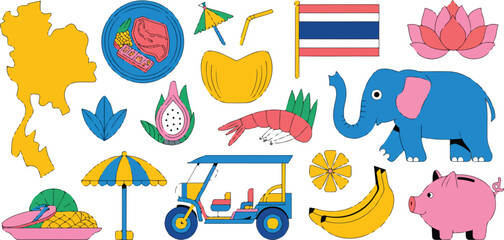 Fototapeta premium Thailand Travel Flat Vector Illustration Set with Landmarks and Culture
