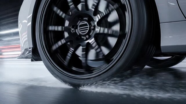 Close up of spinning car wheel on wet road, splashing water, motion blur