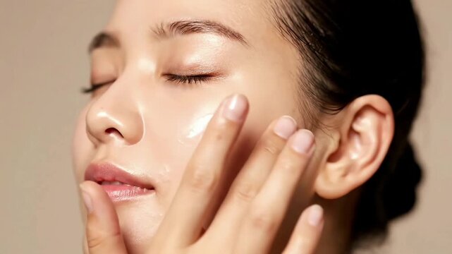 Close-up of a radiant young woman applying a hydrating product to her face, eyes closed in serene focus during a delicate female serum application, highlighting skin care and natural glow
