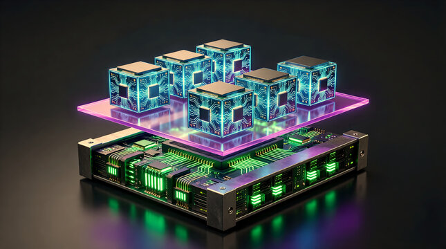 3D diagram illustrating hypervisor virtualization technology, showing the abstraction layer between hardware and virtual machines for enterprise cloud infrastructure.