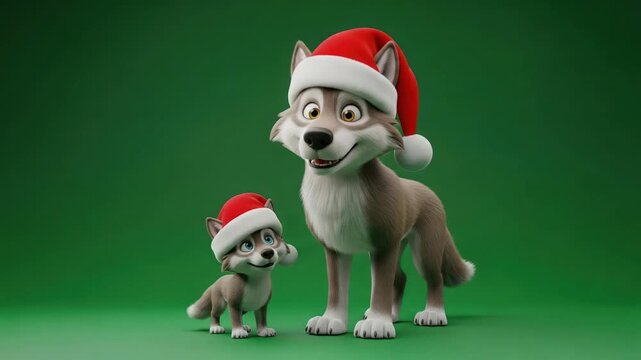 Cute cartoon wolves wearing Santa hats on green background, Christmas concept