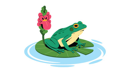 Fototapeta premium A colorful cartoon frog sitting on a lily pad in water with a flower