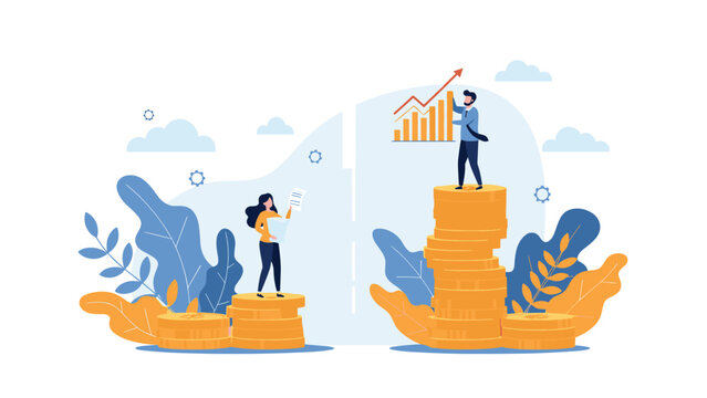 Woman and man stand on stacks of gold coins of unequal height representing the gender pay gap and financial inequality in the workplace.
