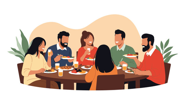 Group of diverse friends and family enjoy a healthy meal and conversation while sitting around a circular dinner table with plants.