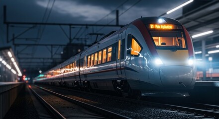 Electric train at railway station platform at night
