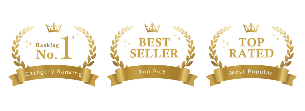 Gold Ranking No.1 and Best Seller Award Badges with Crown and Laurel
