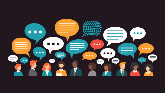 Group of diverse people stands together with colorful speech bubbles representing active communication and the exchange of ideas.