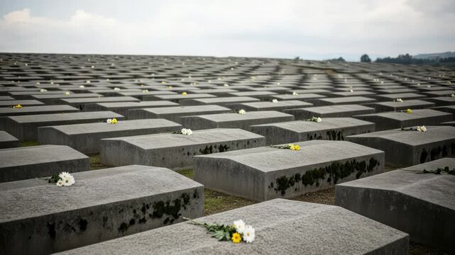 Mass Graves Memorial with Flowers Under Cloudy Sky, Remembrance Site