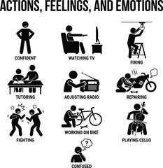 Stick figure actions set featuring tutoring, repairing, fixing, fighting, playing cello, watching tv, confident feelings, and confused emotions pictogram icons, collection