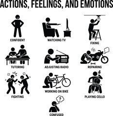 Stick figure human actions icons set featuring tutoring, repairing, fixing, fighting, playing cello, watching tv, confident feelings, and confused emotions pictogram.
