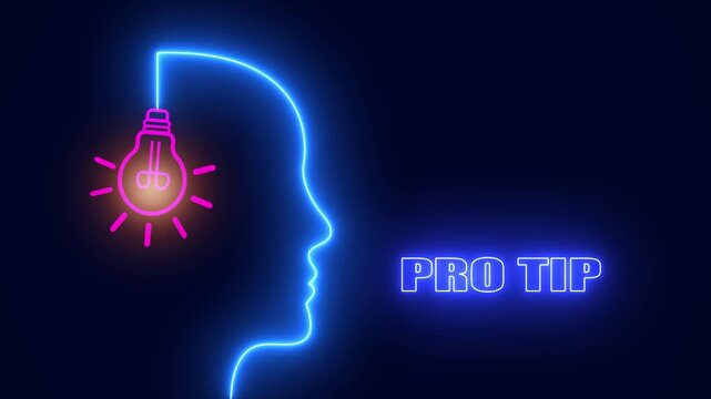 Neon profile of a human head with a glowing pink light bulb and pro tip text, concept for expert advice and advanced solutions,