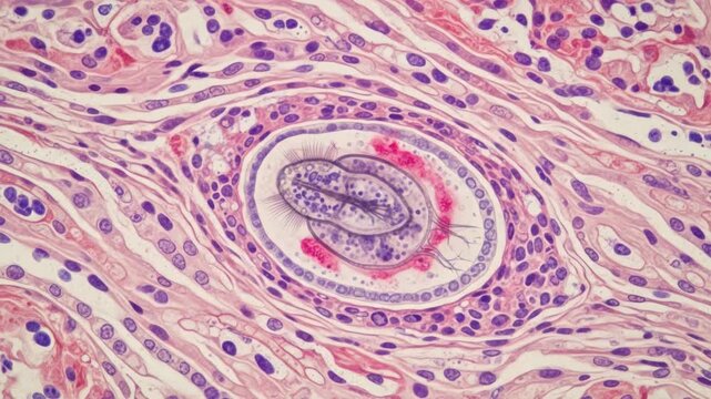 Microscopic view of a parasitic worm larva within host tissue, histology slide