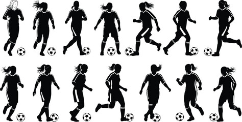 Fototapeta premium Female soccer player silhouette collection, women’s football vector set, sports action icons, athletic movement illustration, competitive game design - flat vector illustration