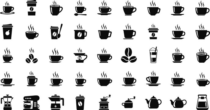 Coffee icon silhouette set, cup mug beans vector, espresso latte symbols, cafe culture design elements, barista brewing tools - flat vector illustration