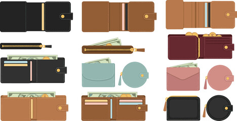 Leather Wallet and Coin Purse Vector Set with Cash Cards Zipper and Button Closure © EdGe Creative