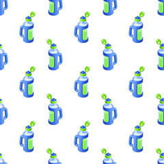 Seamless pattern of blue sports water bottles with green caps isolated, fitness hydration theme wallpaper design
