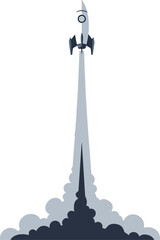 Fototapeta premium A rocket with a smoke trail launching into the air, depicted in a vector illustration with a dark and light gray color scheme on a white background. Perfect for presentations, educational