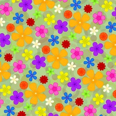 Seamless Pattern with Colorful Spring Flowers on Green Background