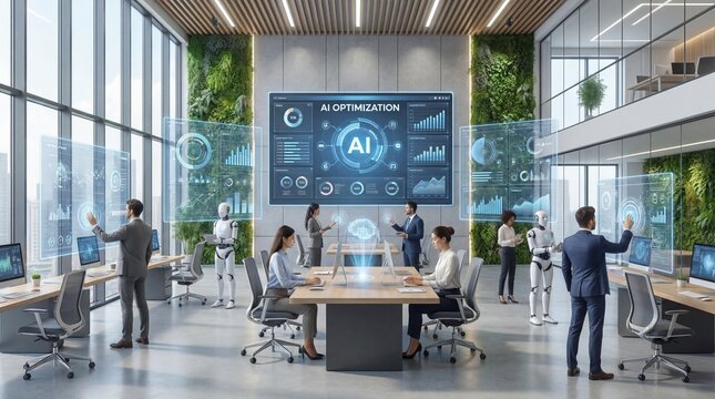 Business professionals interact with holographic artificial intelligence data screens while futuristic robots stand by in a modern.