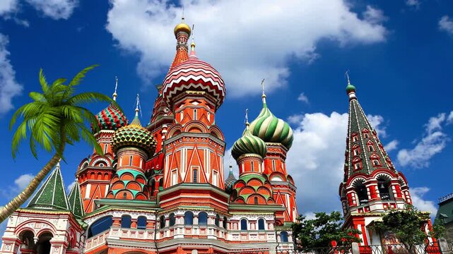 Red Square and Kremlin with Saint Basil Cathedral in Moscow Russia. Timelapse of Red Square and Kremlin at Sunset in Moscow Russia. Evening Light Over Red Square and Saint Basil Cathedral Moscow