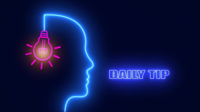 Neon human head outline with a glowing light bulb and daily tip text, perfect for educational content, life hacks, and facts sharing,
