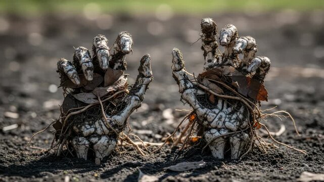 Two Skeleton Hands Emerge From The Ground Covered In Dirt And Leaves