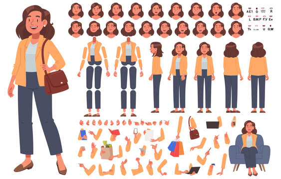Constructor of woman character with various poses and emotions