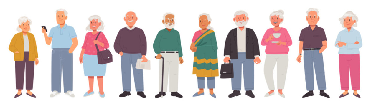 Happy elderly people in full height on a white background. Vector illustration in a flat style