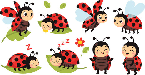 Naklejka premium Cute Ladybug Cartoon Character Vector Set with Funny Poses for Kids Illustration