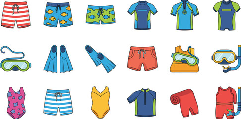Set of kids swimwear and beach accessories illustrations including swimsuits, shorts, rash guards, fins, masks, and snorkeling gear, cartoon vector icons © MstGulzan